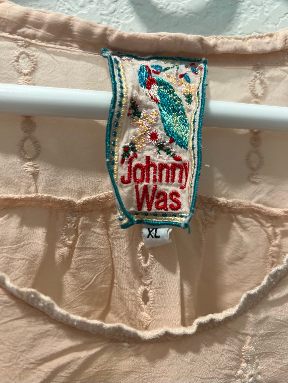 Johnny Was Eyelet Embroidered Blouse Top XL Boho Peasant Pink Crochet Hem - Picture 2 of 5